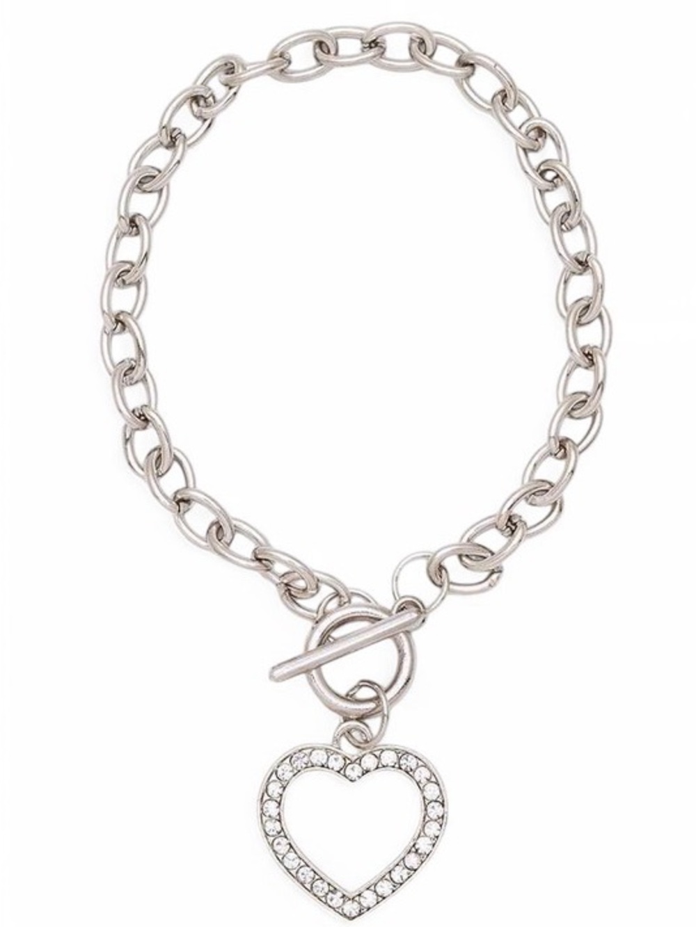 Silver Crystal Heart Charm Toggle Bracelet Rhinestone Heart Chain Link Bracelet